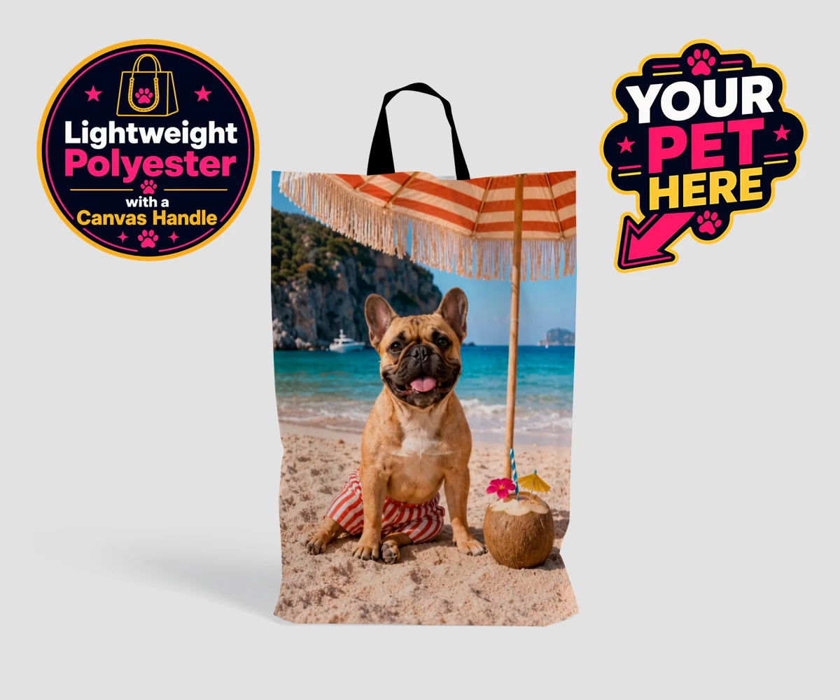 Personalised Beach Day dog shopping bag showing a dog in red and white striped shorts by the beach