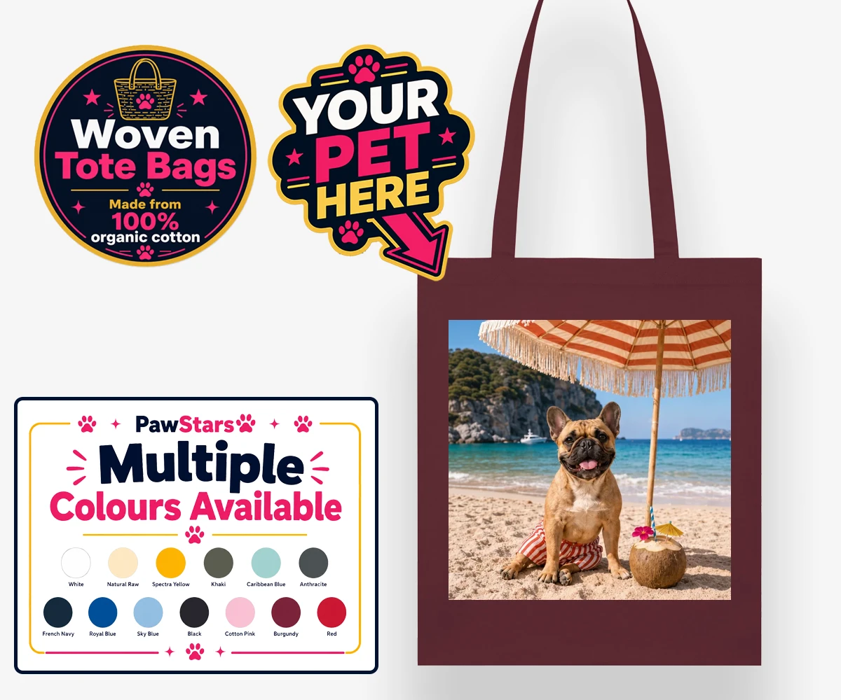 Personalised Beach Day woven tote bag featuring a dog in red and white striped shorts under a parasol with a coconut drink