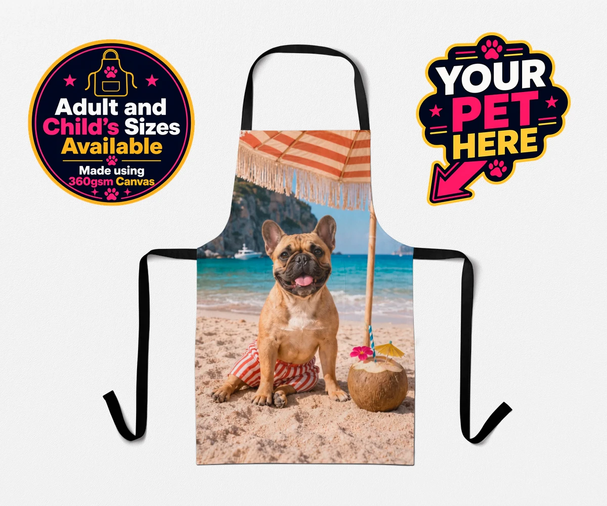 Personalised Beach Day dog apron featuring a dog in red and white striped shorts under a colourful parasol
