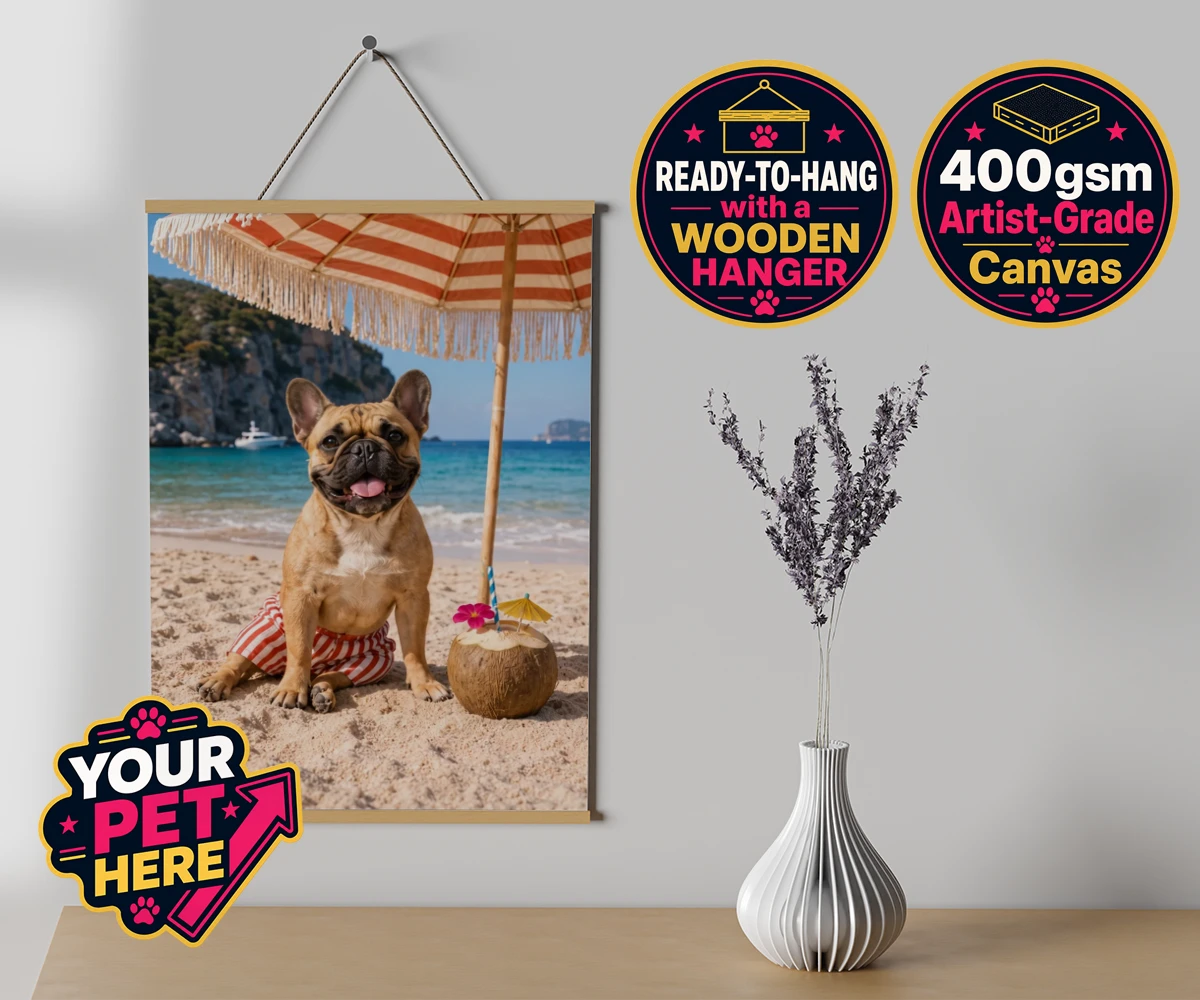 Personalised Beach Day dog canvas poster prints with hanger featuring meet Beach Day, your furry friend’s ultimate portrait that captures th