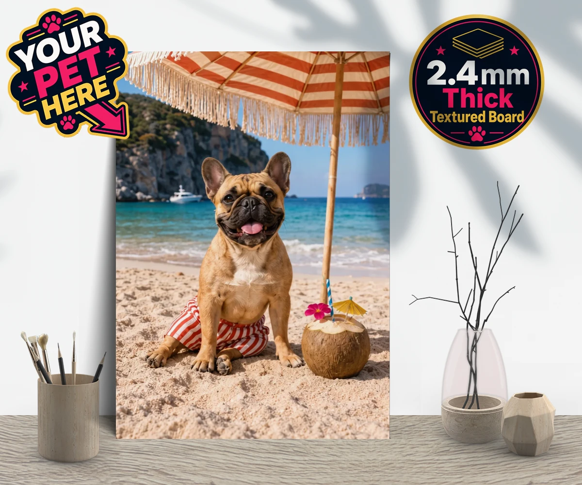 Personalised Beach Day dog gallery boards featuring meet Beach Day, your furry friend’s ultimate portrait that captures th