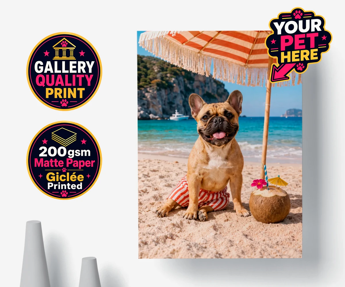 Personalised Beach Day dog premium poster print featuring meet Beach Day, your furry friend’s ultimate portrait that captures th
