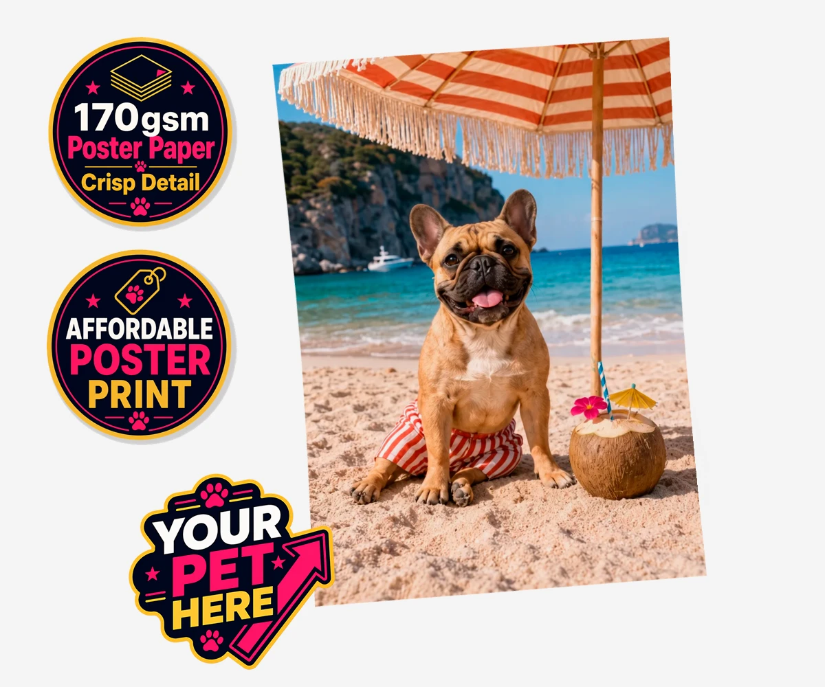 Personalised Beach Day dog standard poster print featuring meet Beach Day, your furry friend’s ultimate portrait that captures th