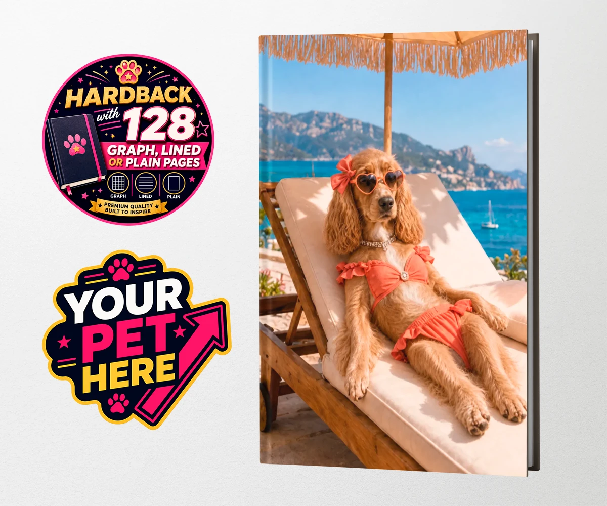Personalised Paws in Paradise dog hardback notebooks featuring meet Paws in Paradise, the perfect portrait capturing your beloved fur