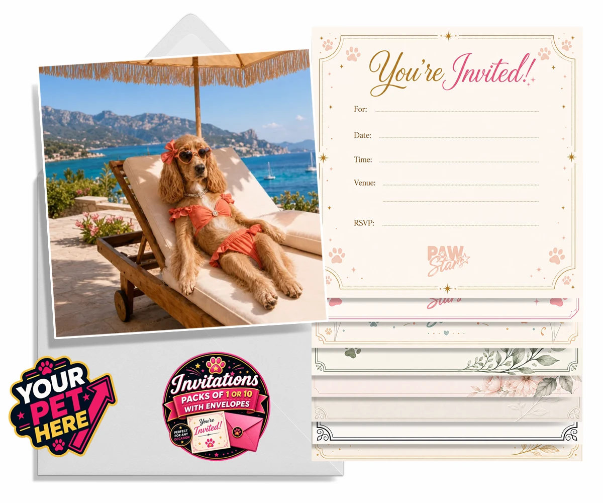 Personalised Paws in Paradise dog invitations featuring meet Paws in Paradise, the perfect portrait capturing your beloved fur