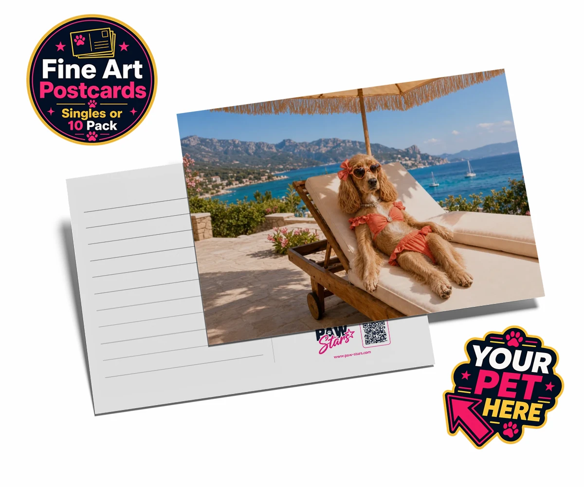 Personalised Paws in Paradise dog postcards featuring meet Paws in Paradise, the perfect portrait capturing your beloved fur