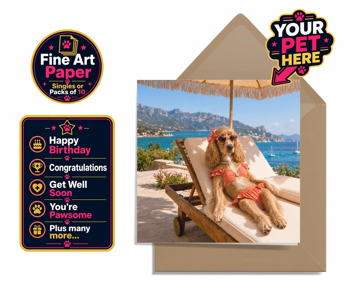 Personalised Paws in Paradise dog premium greetings cards featuring meet Paws in Paradise, the perfect portrait capturing your beloved fur