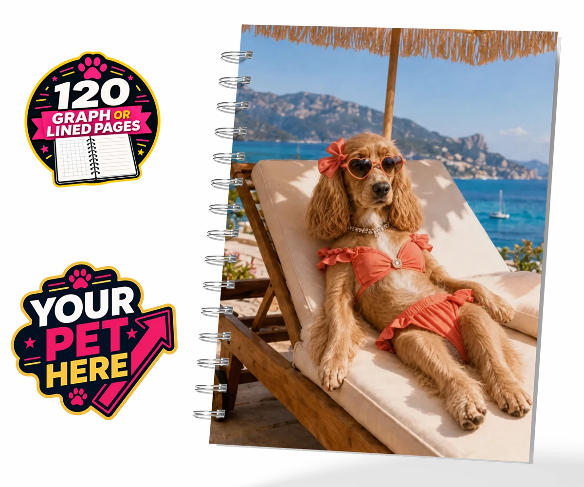 Personalised Paws in Paradise dog spiral notebook featuring meet Paws in Paradise, the perfect portrait capturing your beloved fur