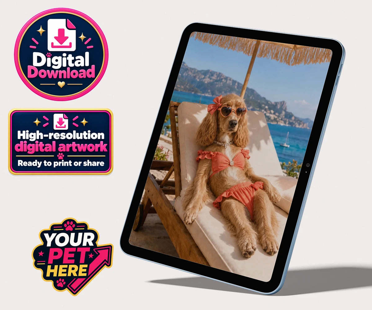 Personalised digital portrait of Paws in Paradise, a dog in a coral bikini and heart-shaped sunglasses against a tropical background
