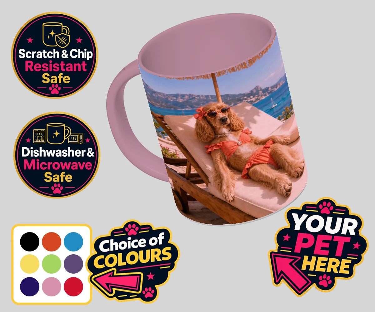 Personalised Paws in Paradise dog coloured photo mugs featuring meet Paws in Paradise, the perfect portrait capturing your beloved fur