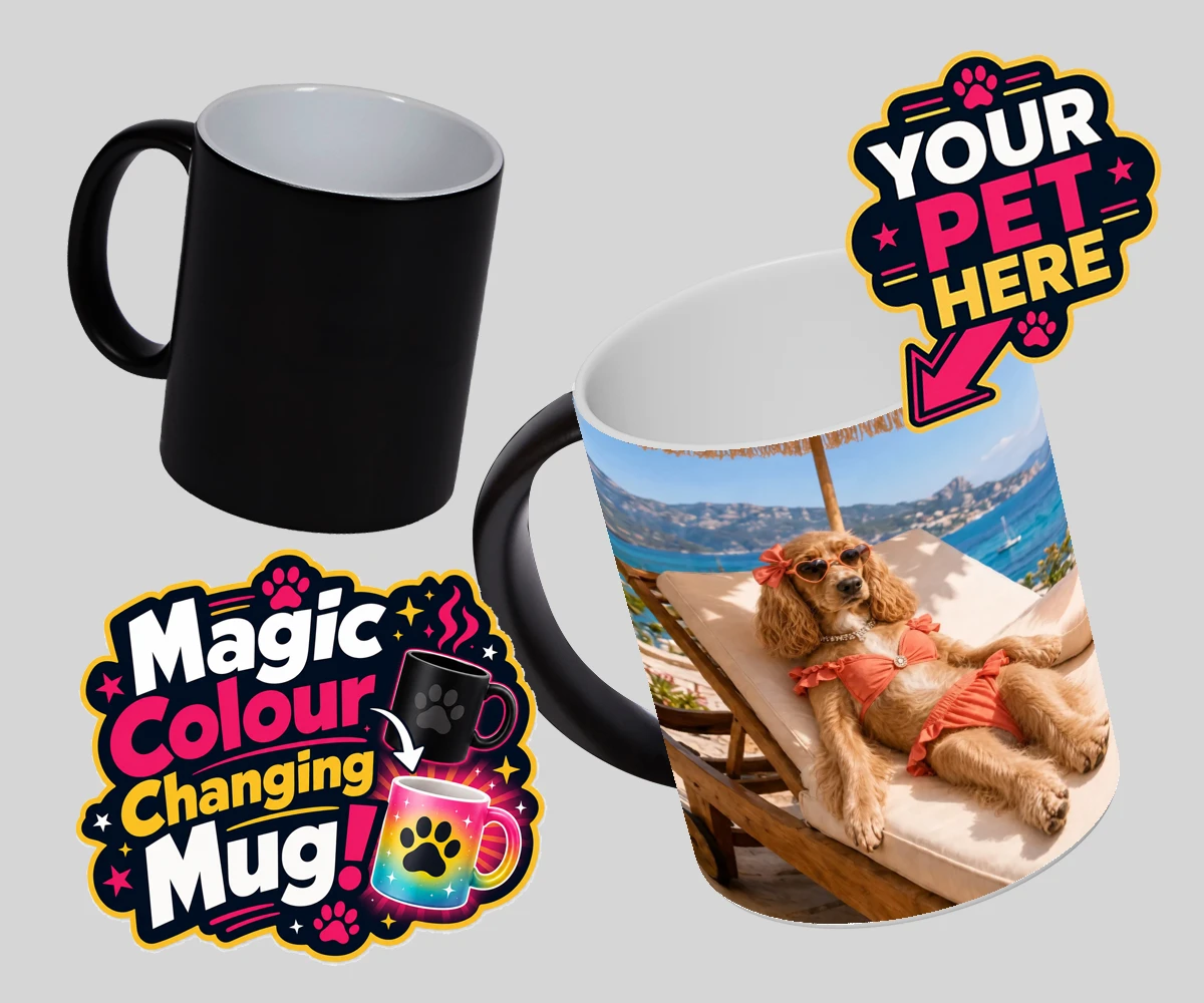 Personalised Paws in Paradise dog magic photo mugs featuring meet Paws in Paradise, the perfect portrait capturing your beloved fur
