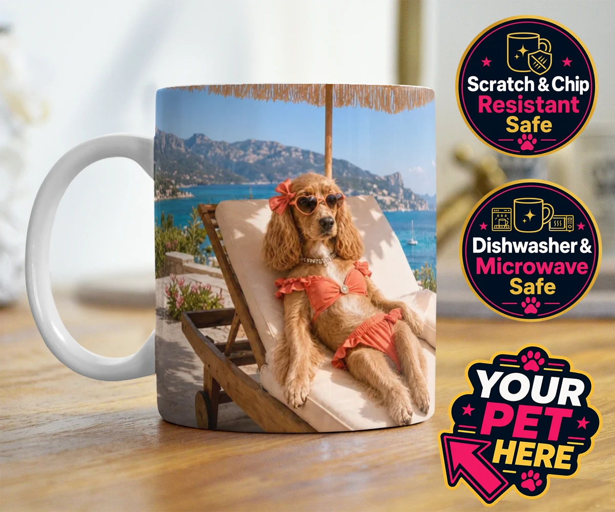 Personalised Paws in Paradise dog photo mugs featuring meet Paws in Paradise, the perfect portrait capturing your beloved fur