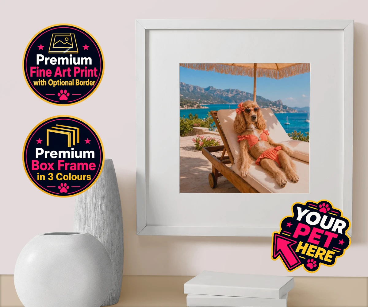 Personalised Paws in Paradise dog box framed print featuring meet Paws in Paradise, the perfect portrait capturing your beloved fur