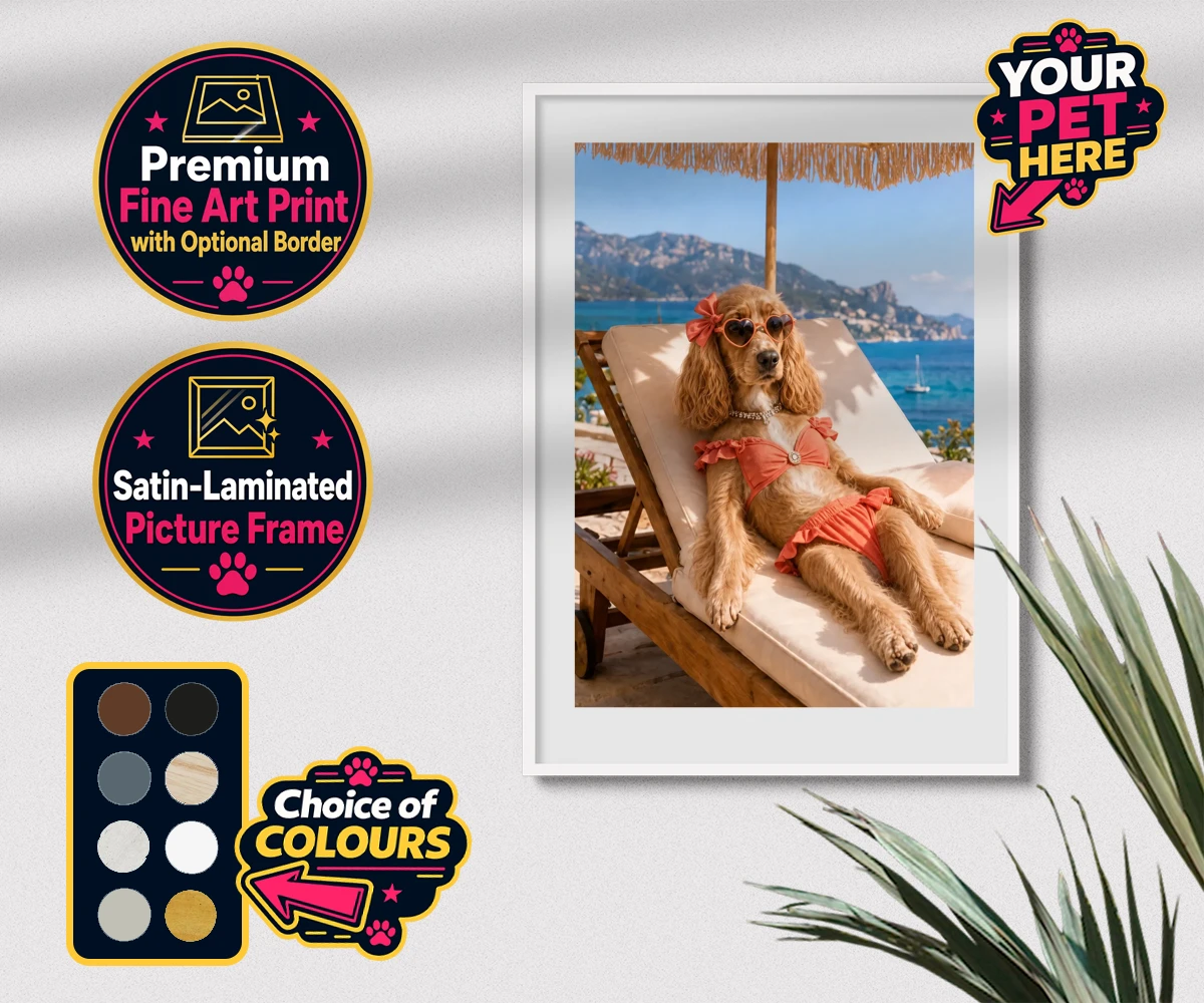 Personalised Paws in Paradise dog premium framed print featuring meet Paws in Paradise, the perfect portrait capturing your beloved fur