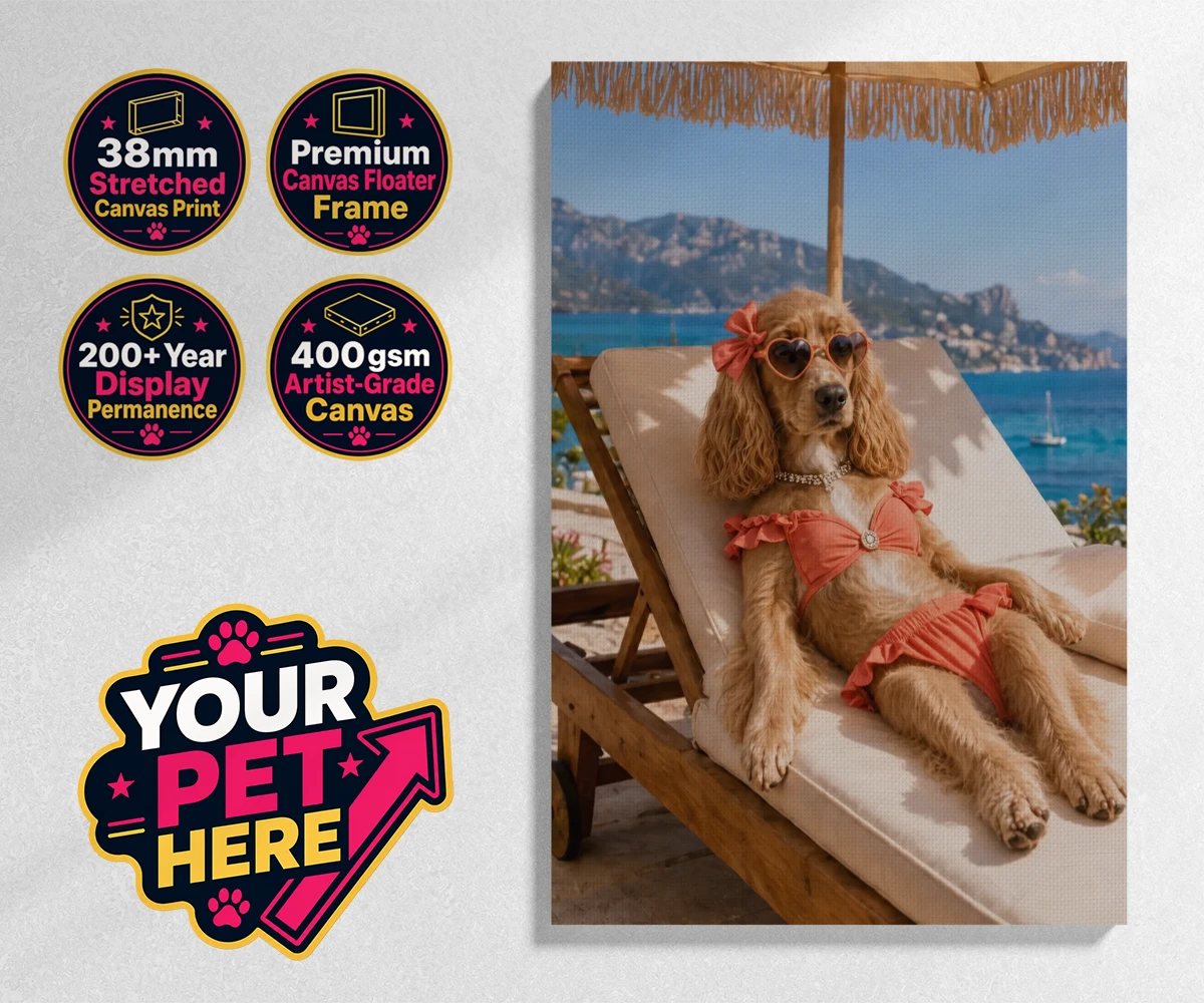 Personalised Paws in Paradise dog stretched canvas print featuring meet Paws in Paradise, the perfect portrait capturing your beloved fur