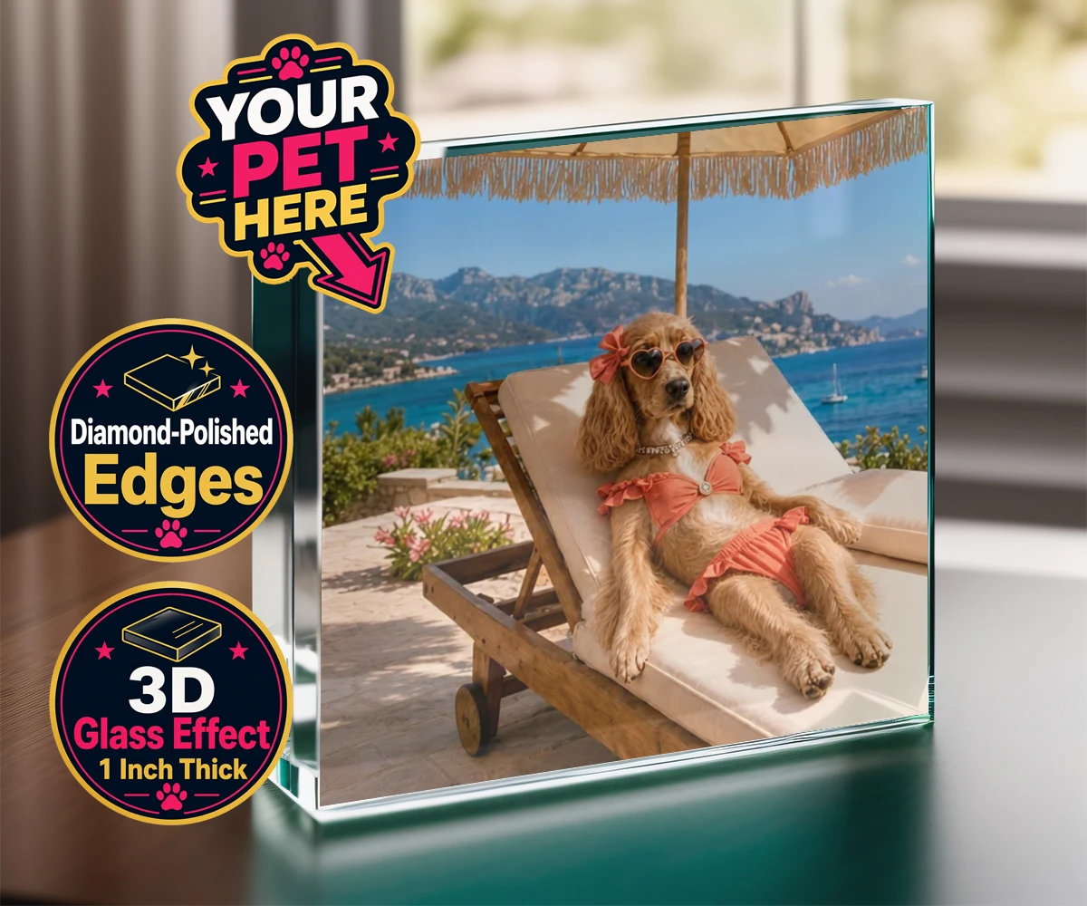 Personalised Paws in Paradise dog acrylic prisms featuring meet Paws in Paradise, the perfect portrait capturing your beloved fur