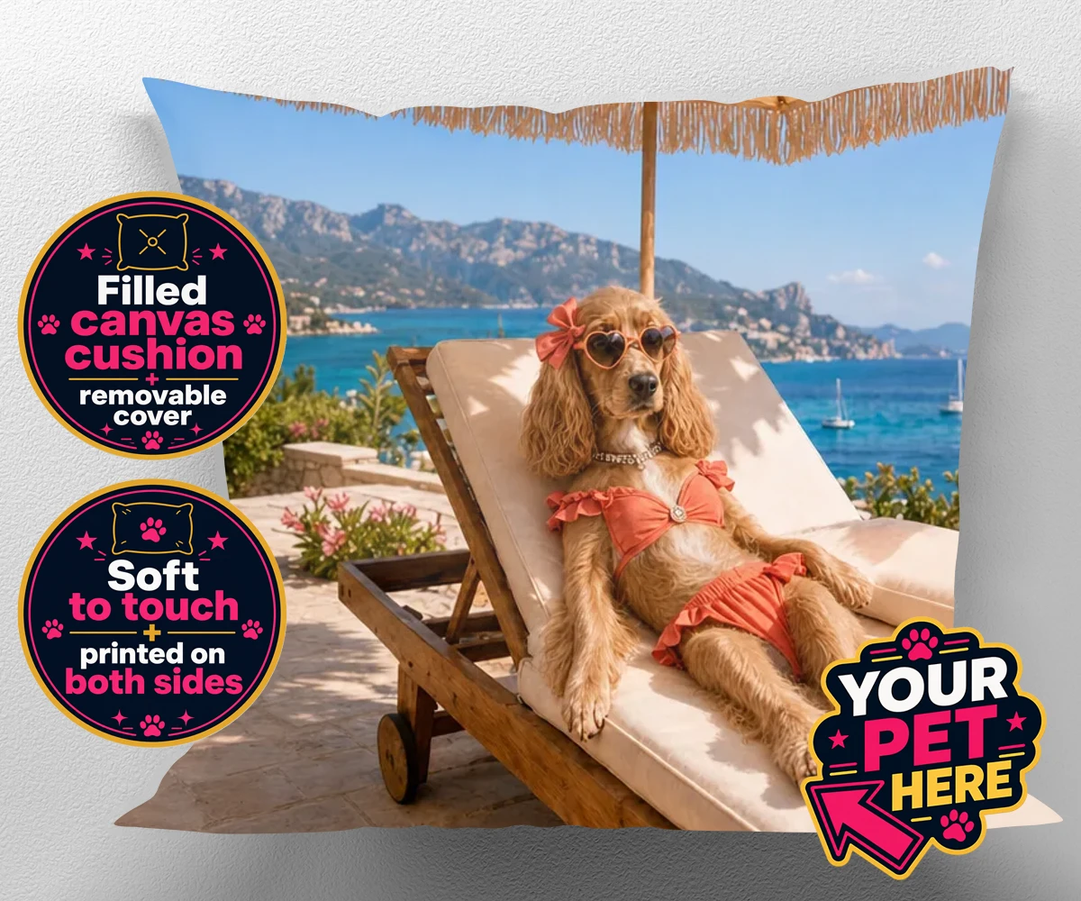 Personalised Paws in Paradise dog canvas cushions featuring meet Paws in Paradise, the perfect portrait capturing your beloved fur