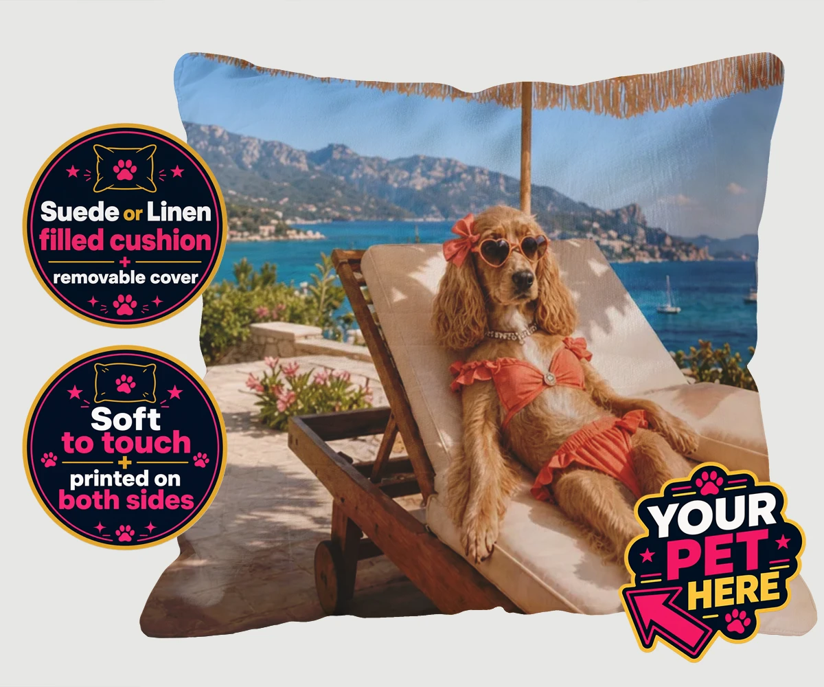 Personalised Paws in Paradise dog cushions featuring meet Paws in Paradise, the perfect portrait capturing your beloved fur