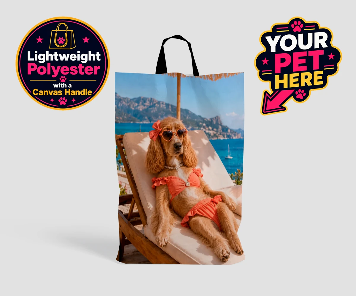Personalised Paws in Paradise dog shopping bags featuring meet Paws in Paradise, the perfect portrait capturing your beloved fur