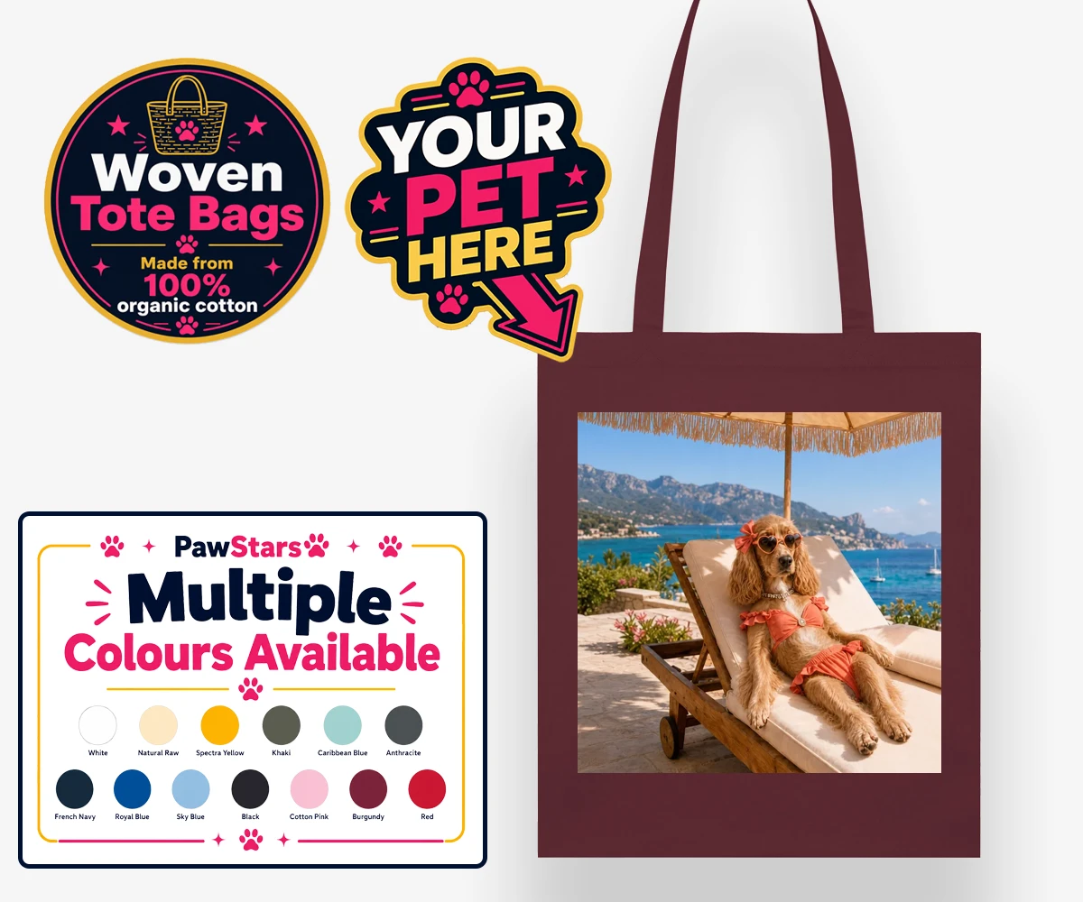 Personalised Paws in Paradise dog woven tote bags featuring meet Paws in Paradise, the perfect portrait capturing your beloved fur
