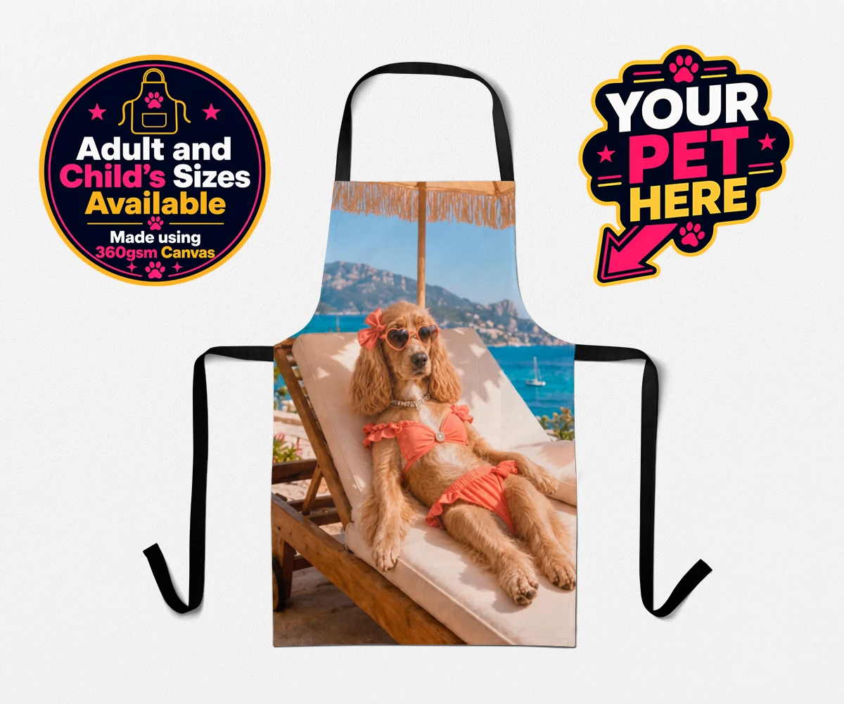 Personalised Paws in Paradise dog aprons featuring meet Paws in Paradise, the perfect portrait capturing your beloved fur