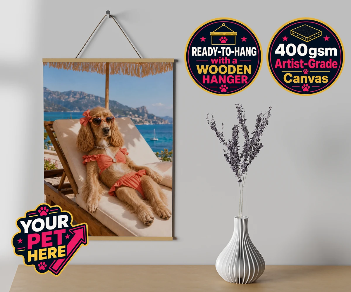 Personalised Paws in Paradise dog canvas poster prints with hanger featuring meet Paws in Paradise, the perfect portrait capturing your beloved fur