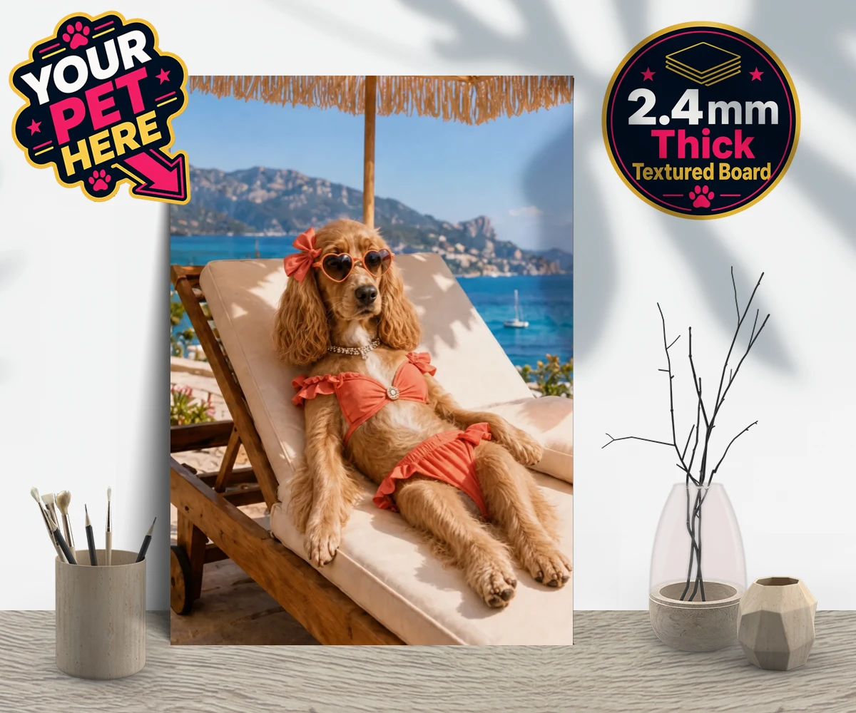 Personalised Paws in Paradise dog gallery boards featuring meet Paws in Paradise, the perfect portrait capturing your beloved fur
