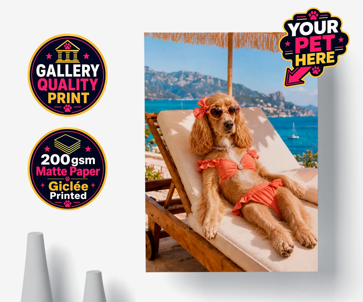 Personalised Paws in Paradise dog premium poster print featuring meet Paws in Paradise, the perfect portrait capturing your beloved fur