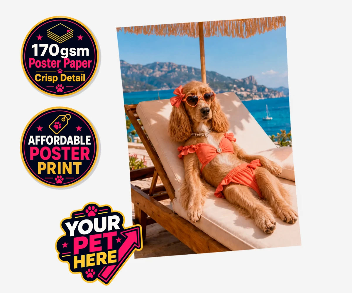 Personalised Paws in Paradise dog standard poster print featuring meet Paws in Paradise, the perfect portrait capturing your beloved fur