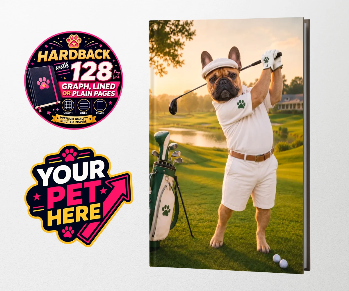 Personalised Paw Golfer dog hardback notebooks featuring meet Paw Golfer, the charming canine champion of the greens!