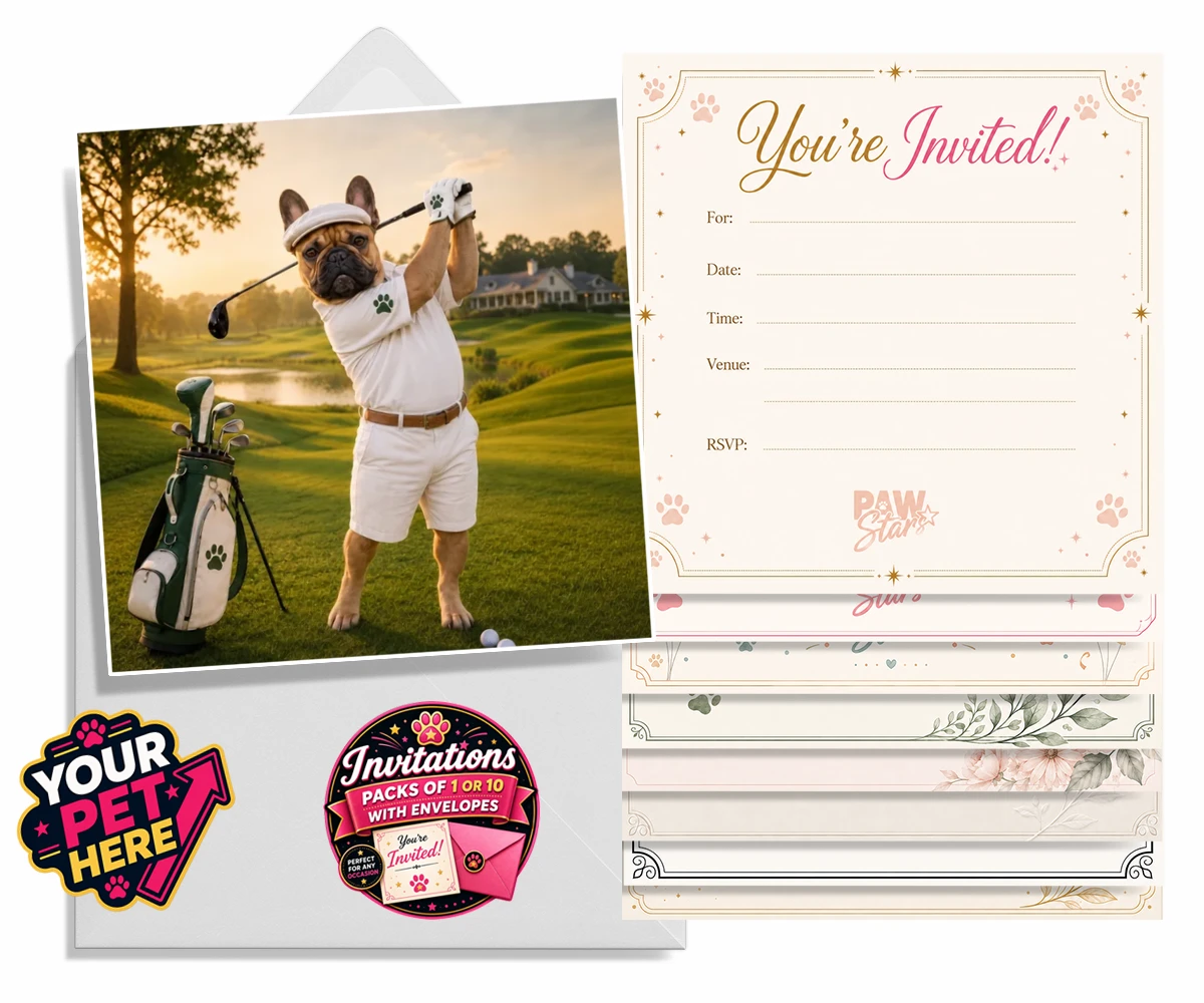 Personalised Paw Golfer dog invitations featuring meet Paw Golfer, the charming canine champion of the greens!