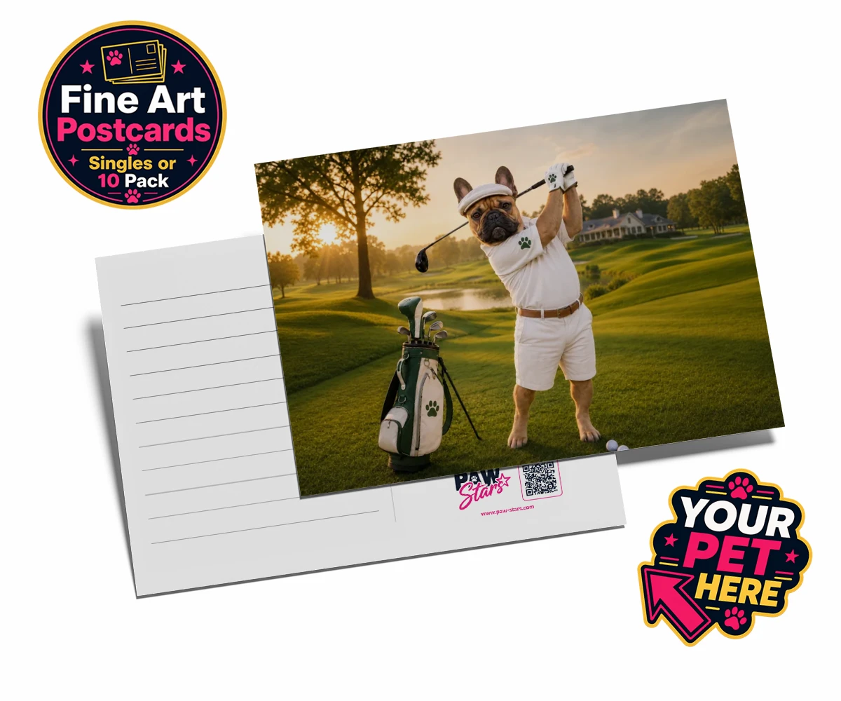 Personalised Paw Golfer dog postcards featuring meet Paw Golfer, the charming canine champion of the greens!