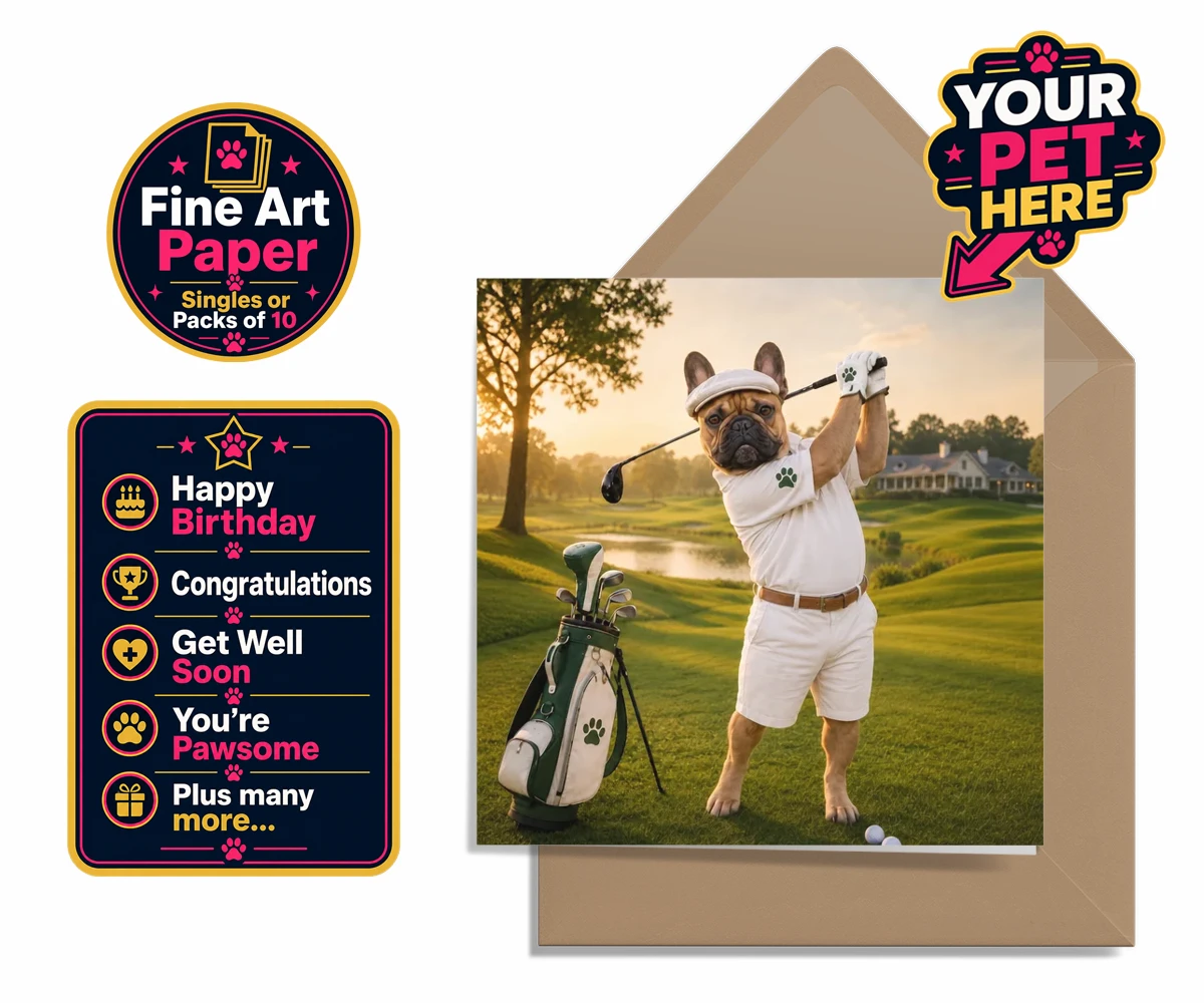 Personalised Paw Golfer dog premium greetings cards featuring meet Paw Golfer, the charming canine champion of the greens!
