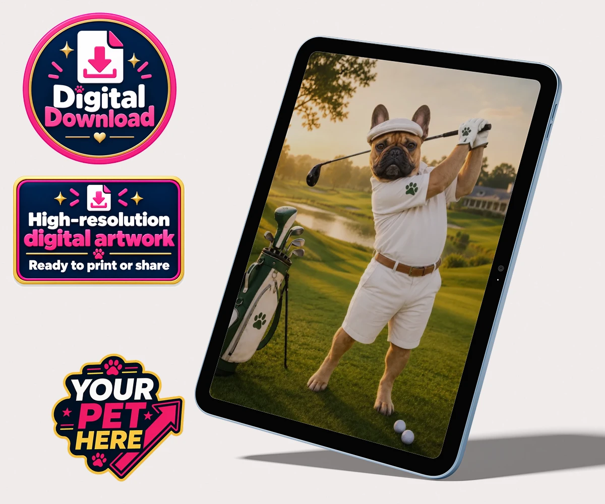Personalised digital portrait of Paw Golfer, a dog dressed in white shorts and a cap, set against a sunset golf course backdrop.
