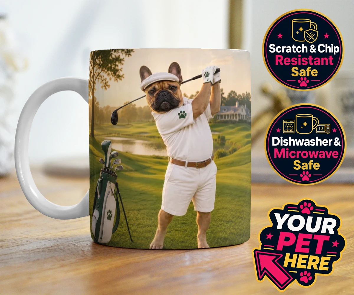 Personalised Paw Golfer dog photo mugs featuring meet Paw Golfer, the charming canine champion of the greens!