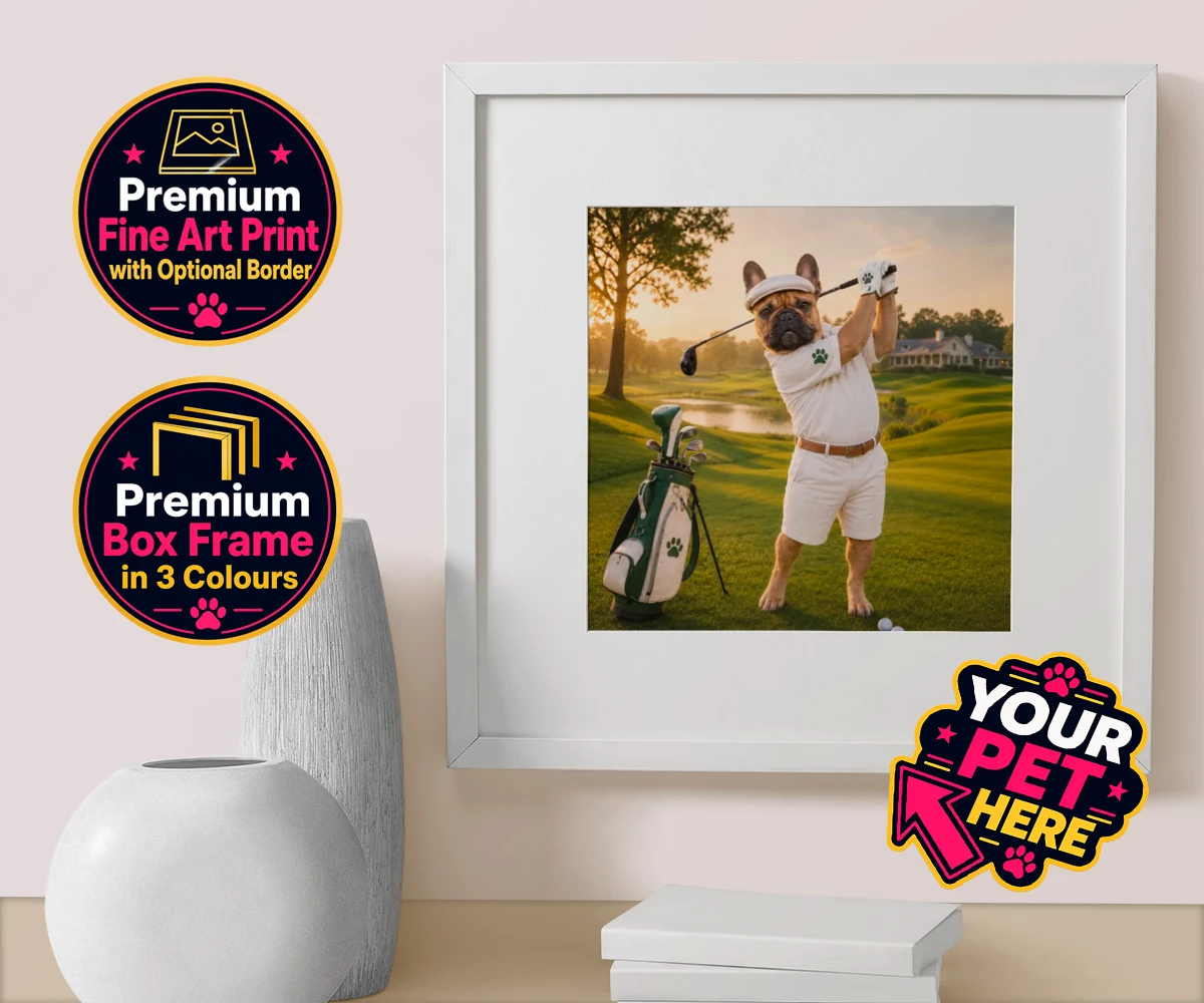 Personalised Paw Golfer dog box framed print featuring meet Paw Golfer, the charming canine champion of the greens!