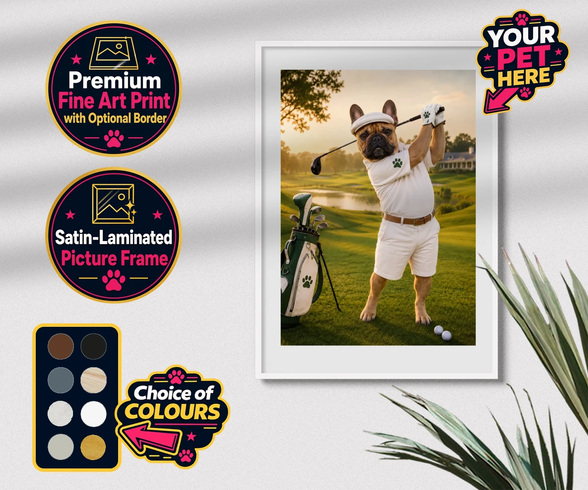 Personalised Paw Golfer dog premium framed print featuring meet Paw Golfer, the charming canine champion of the greens!
