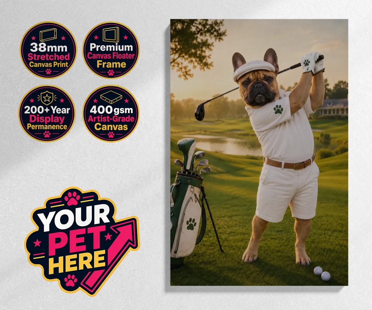 Personalised Paw Golfer dog stretched canvas print featuring meet Paw Golfer, the charming canine champion of the greens!