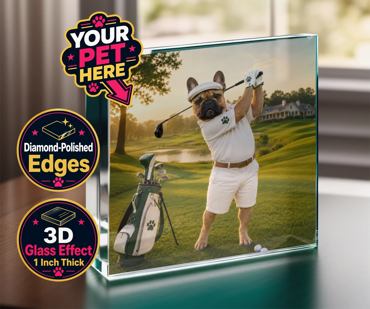 Personalised Paw Golfer dog acrylic prisms featuring meet Paw Golfer, the charming canine champion of the greens!