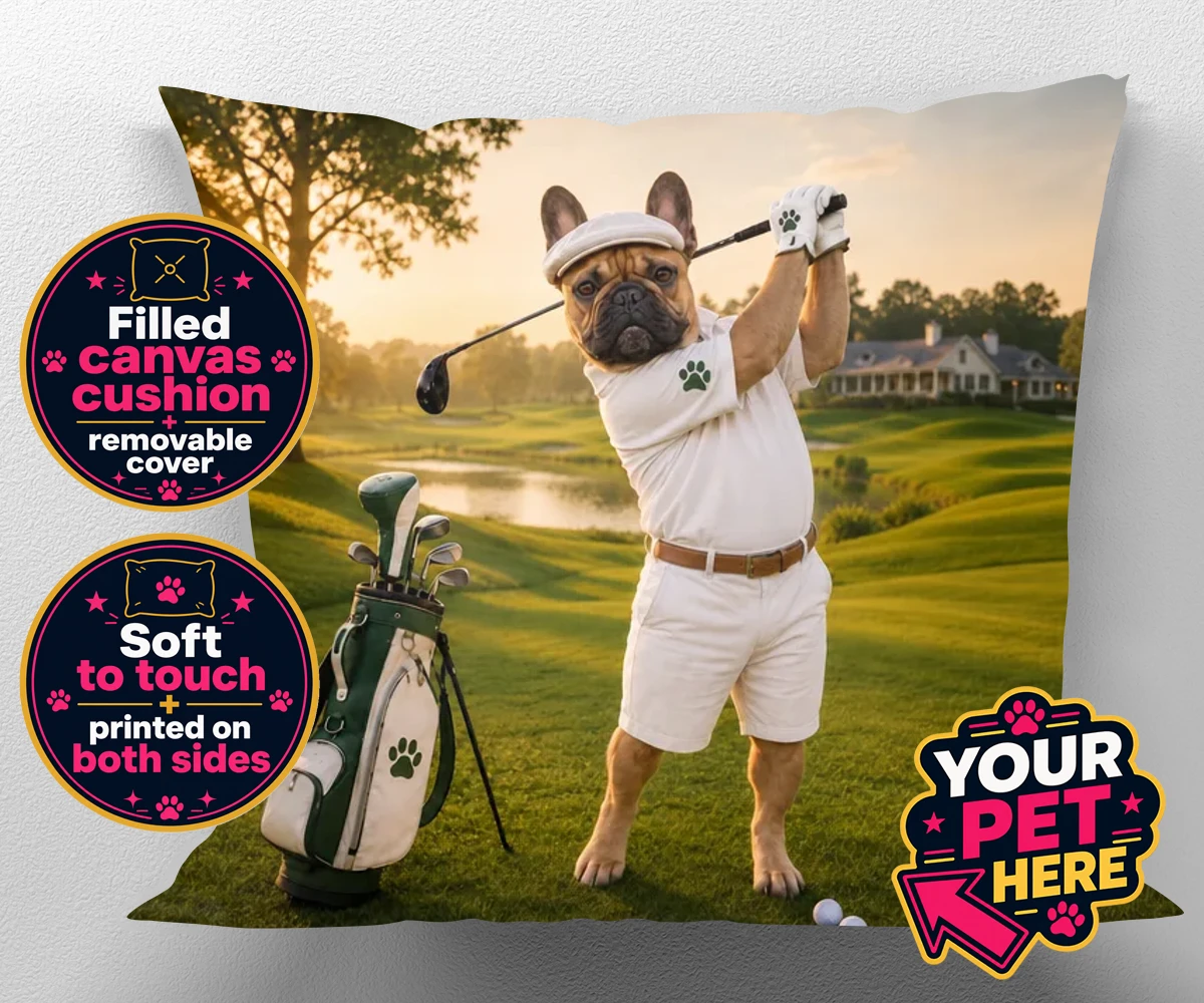 Personalised Paw Golfer dog canvas cushions featuring meet Paw Golfer, the charming canine champion of the greens!