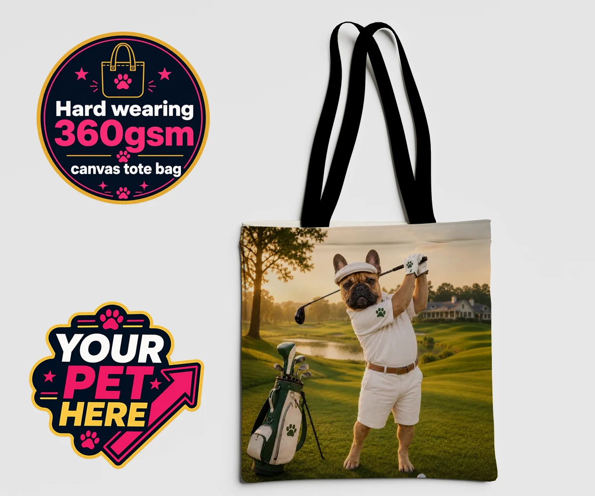 Personalised Paw Golfer dog canvas tote bags featuring meet Paw Golfer, the charming canine champion of the greens!