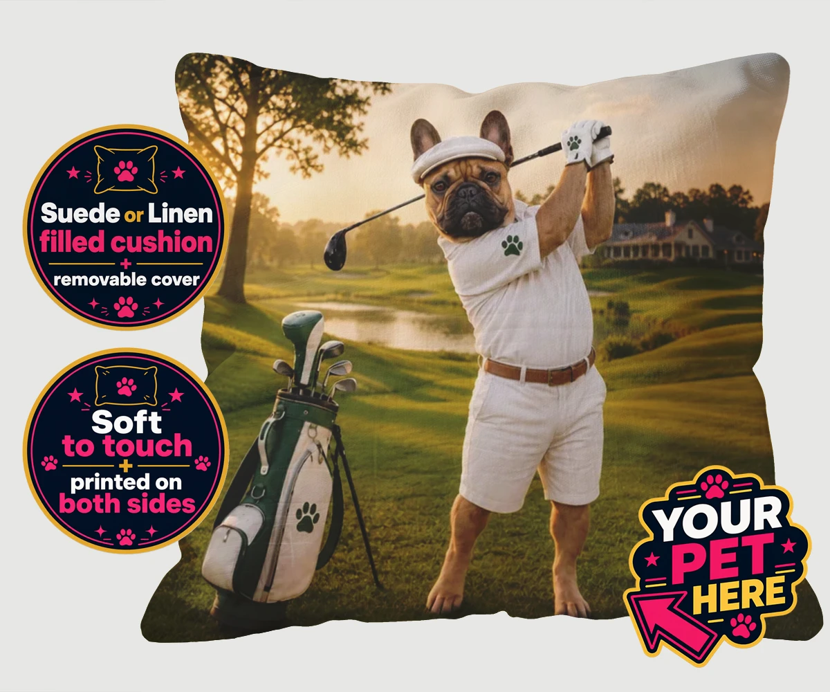 Personalised Paw Golfer dog cushions featuring meet Paw Golfer, the charming canine champion of the greens!