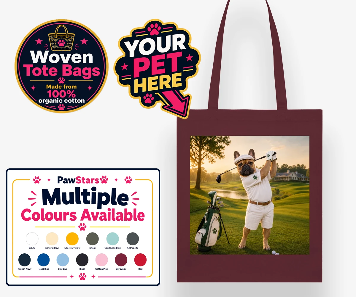 Personalised Paw Golfer dog woven tote bags featuring meet Paw Golfer, the charming canine champion of the greens!