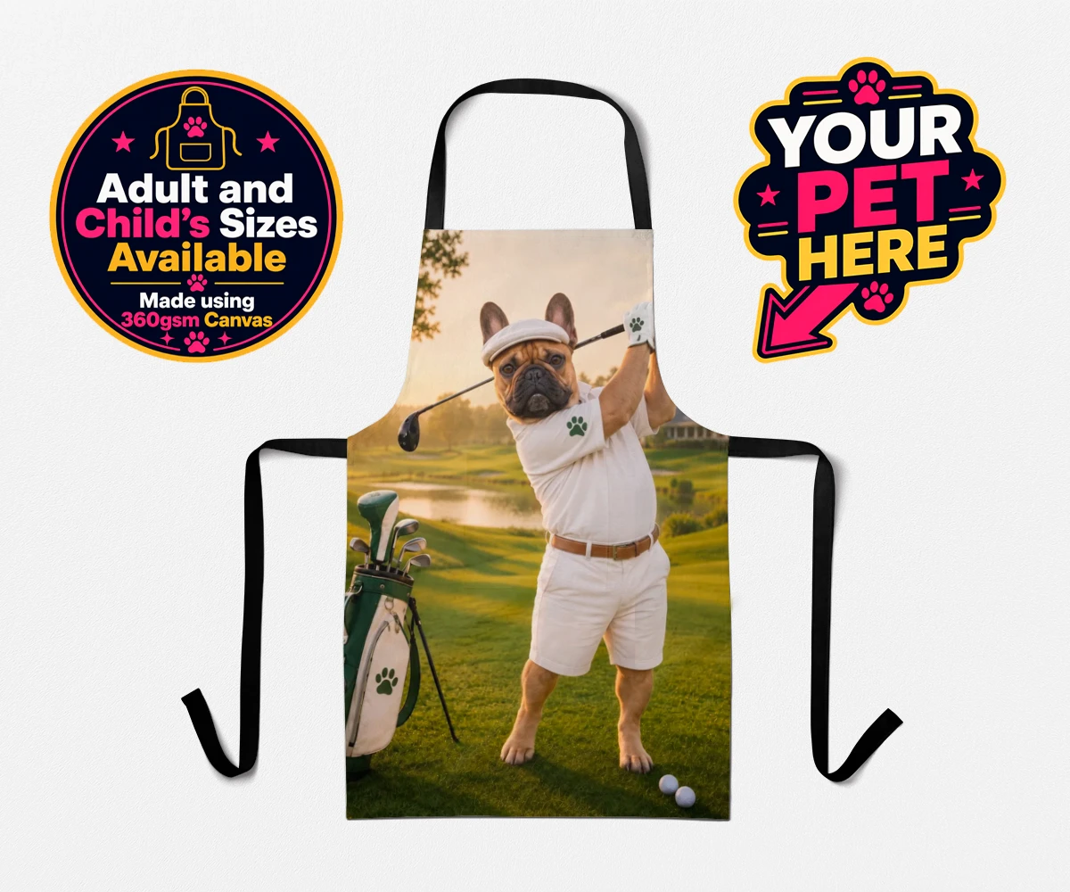 Personalised Paw Golfer dog aprons featuring meet Paw Golfer, the charming canine champion of the greens!