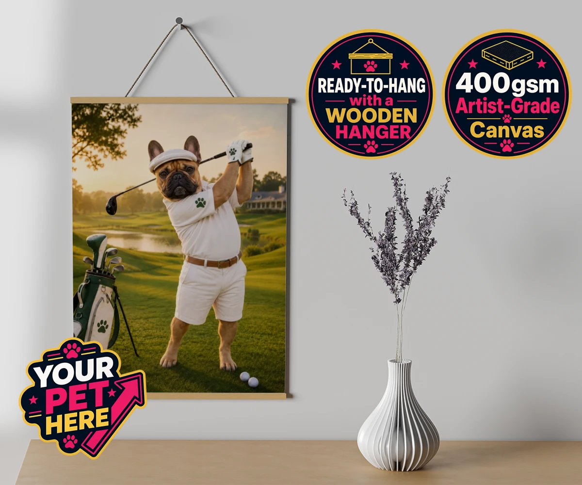 Personalised Paw Golfer dog canvas poster prints with hanger featuring meet Paw Golfer, the charming canine champion of the greens!