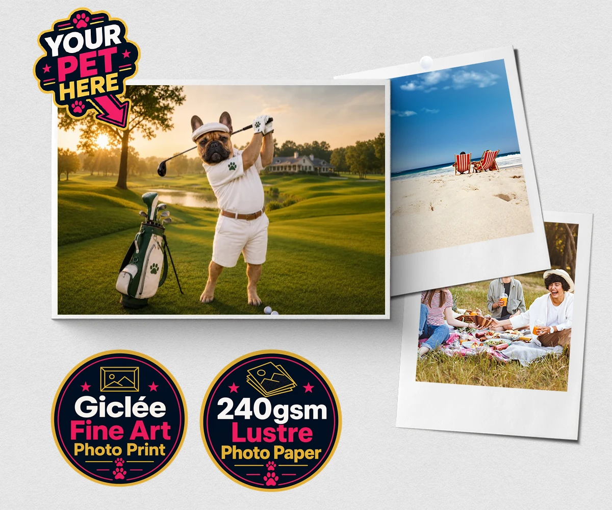 Personalised Paw Golfer dog premium photo print featuring meet Paw Golfer, the charming canine champion of the greens!