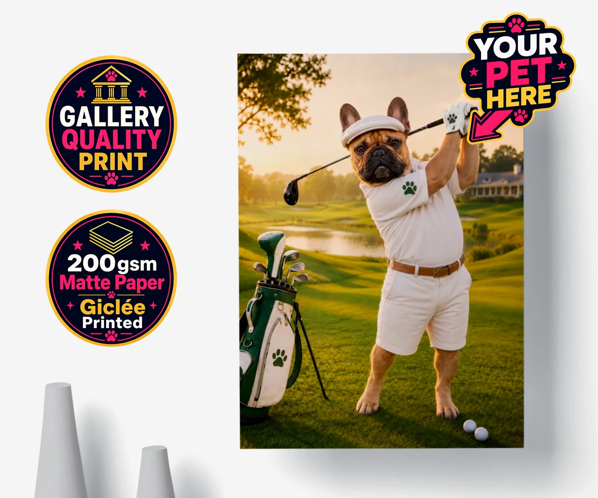 Personalised Paw Golfer dog premium poster print featuring meet Paw Golfer, the charming canine champion of the greens!
