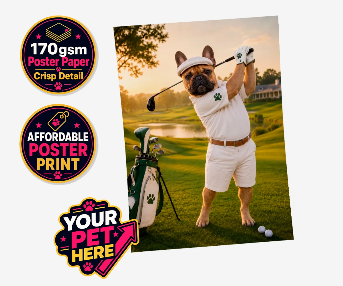 Personalised Paw Golfer dog standard poster print featuring meet Paw Golfer, the charming canine champion of the greens!