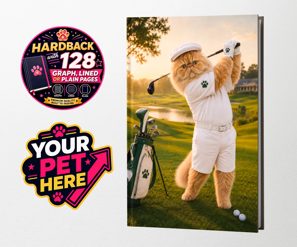 Personalised Paw Golfer cat hardback notebooks featuring meet Paw Golfer, the charming feline star of the golf course, striking