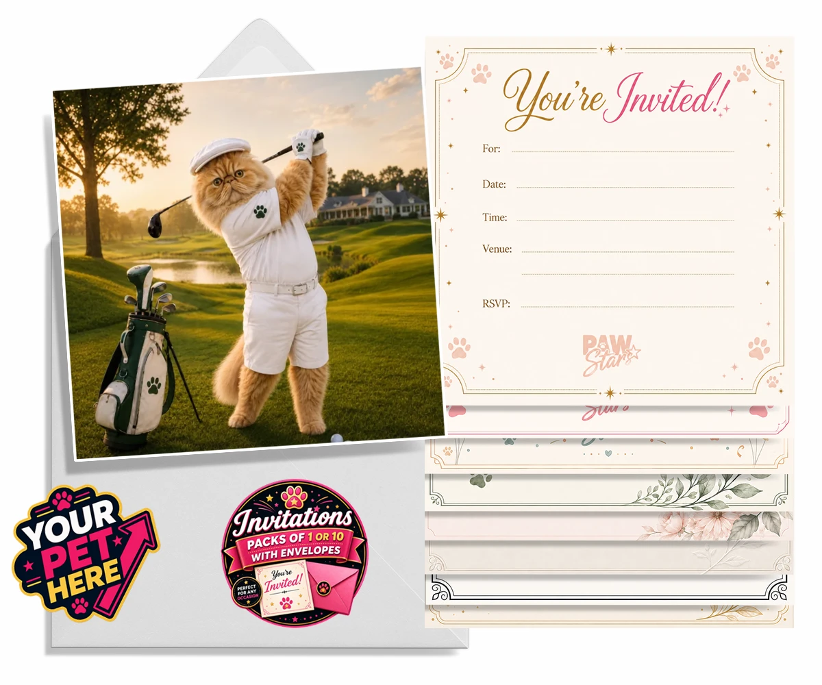 Personalised Paw Golfer cat invitations featuring meet Paw Golfer, the charming feline star of the golf course, striking